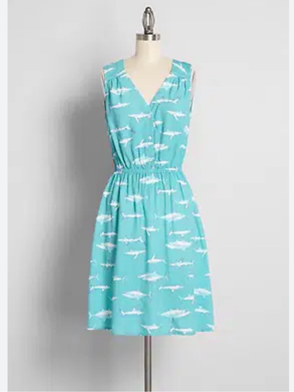 Modcloth Aqua Shark Printed Sleeveless V-Neck Midi Dress
